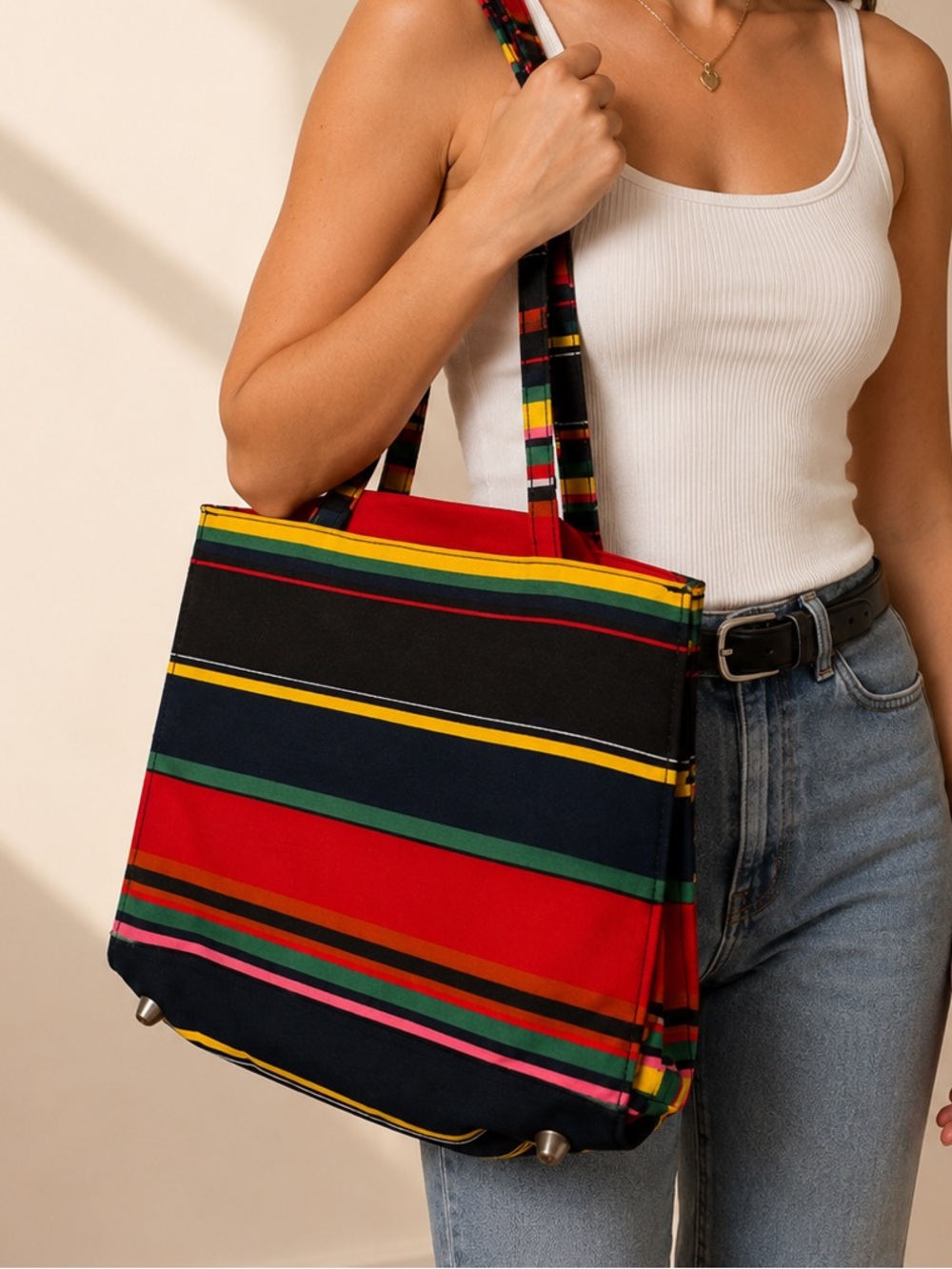 Striped Multicolor Canvas Shoulder Bag